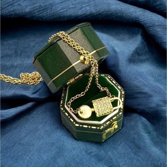 NEW Dainty Lock Key Pendant Necklace 18K Gold Plated CZ Choker Minimalist 16” - Picture 2 of 9